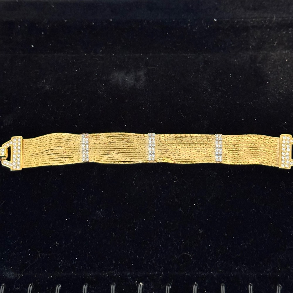 Nolan Miller Dynasty Collection Gold Tone Mesh Rhinestone Statement Bracelet 7"